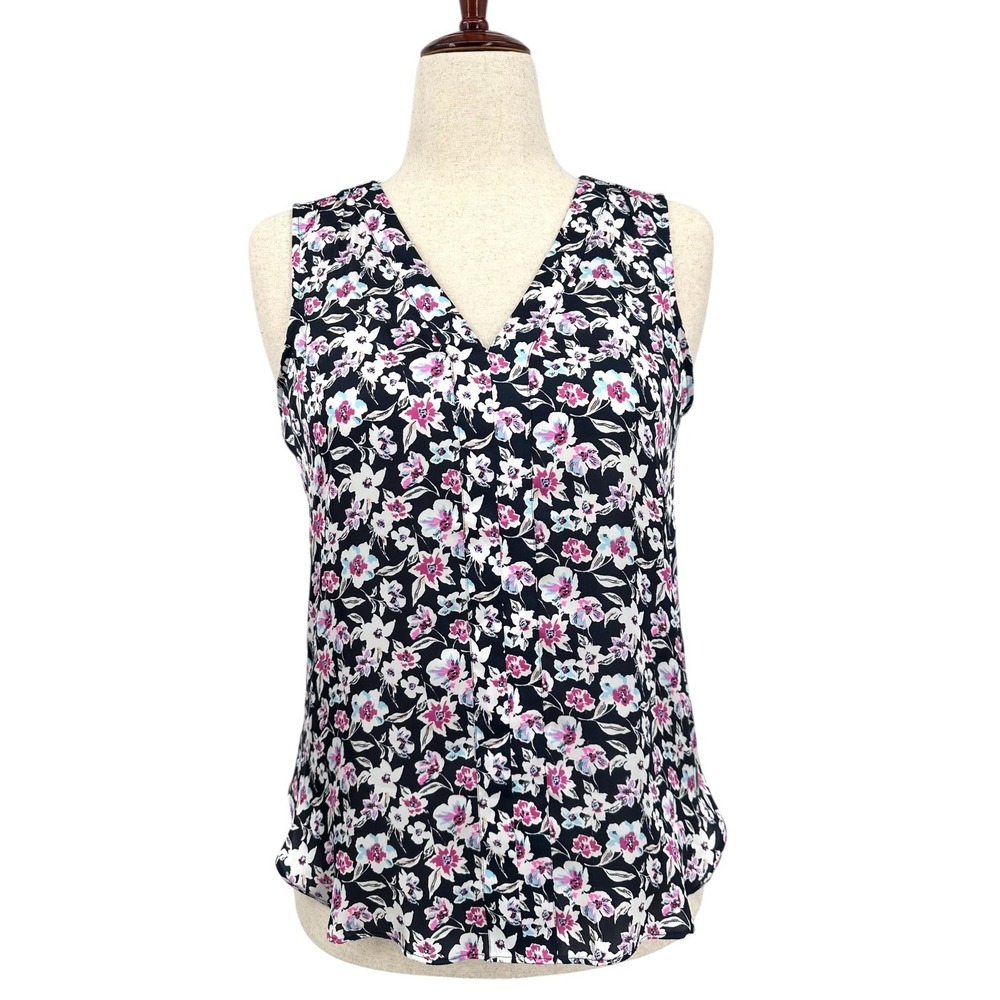 Banana Republic‎ Satin Sleeveless Blouse Black Floral V-Neck Women's Medium